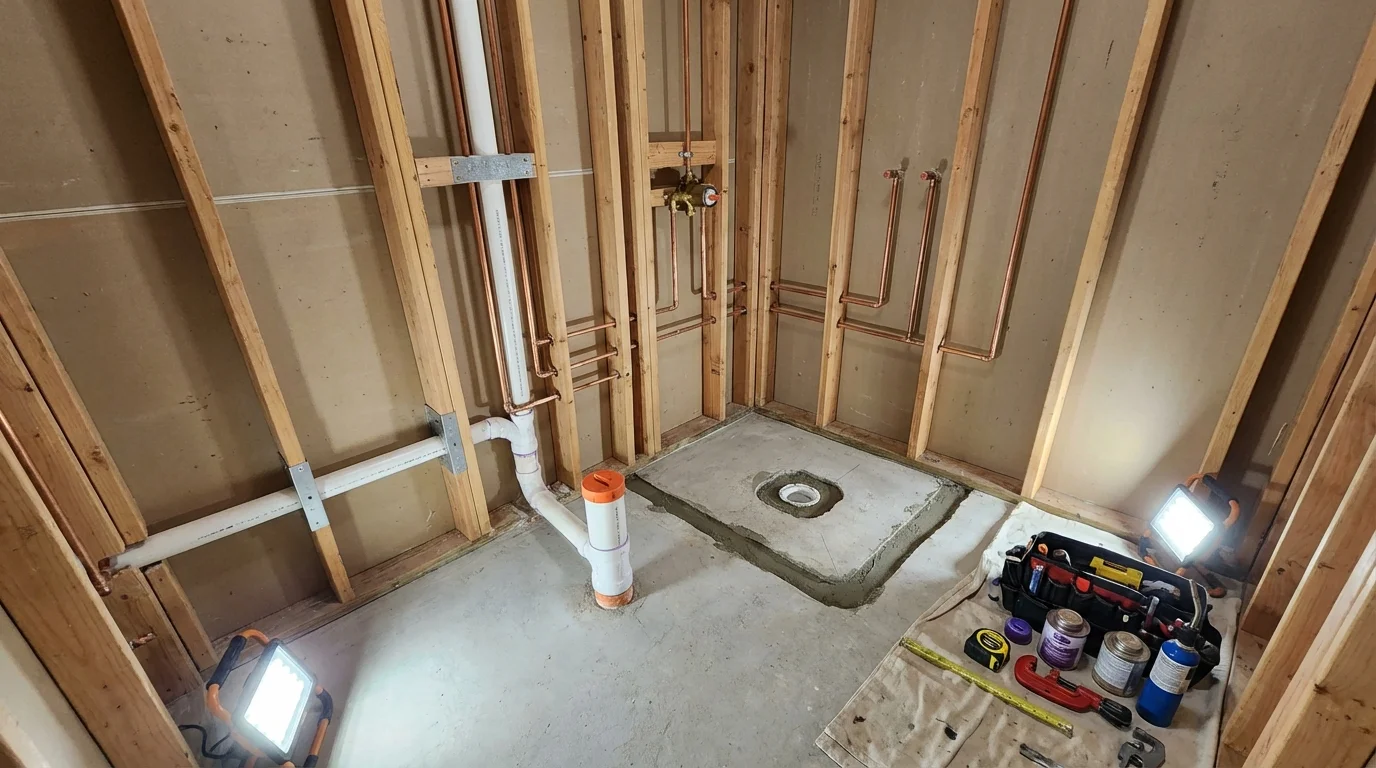 Bathroom rough-in plumbing during remodel by Johns Plumbing LLC in Hempstead