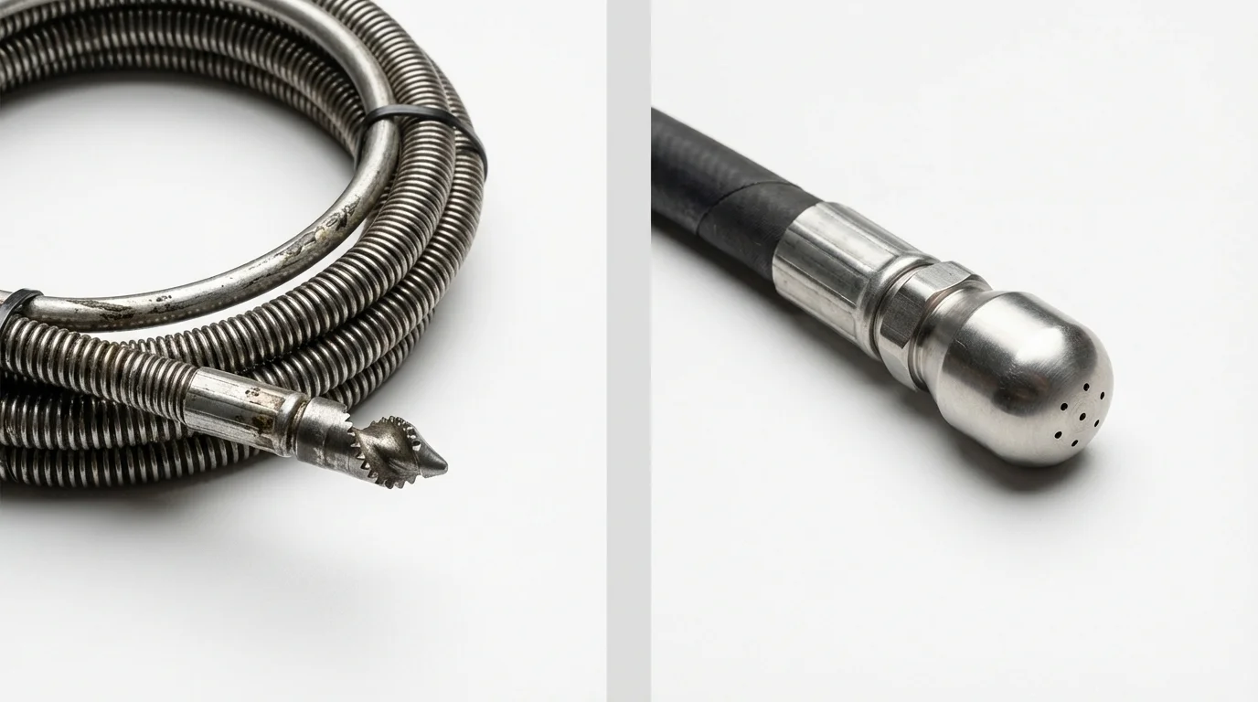 Drain snake cable and hydro jetting nozzle used for drain cleaning in Hempstead, TX