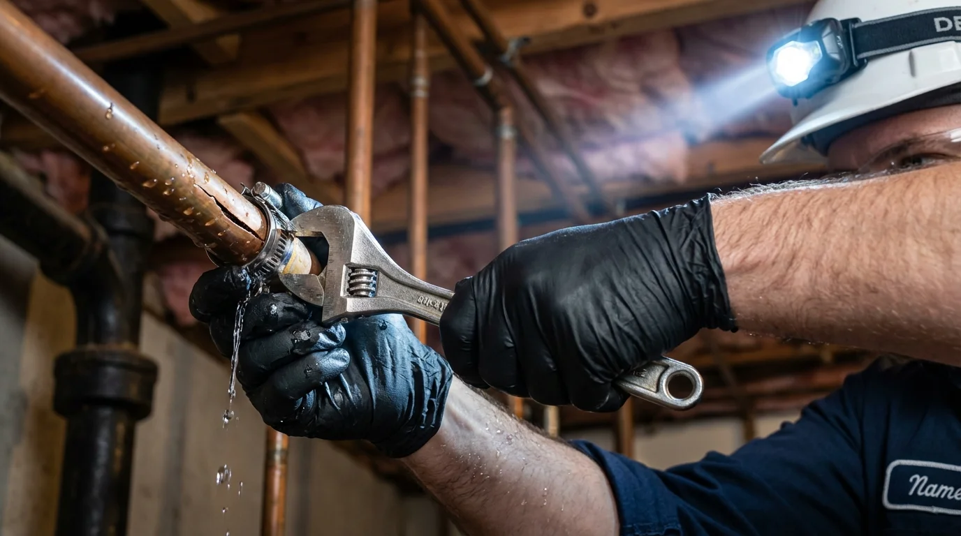 Emergency pipe clamp repair being performed by a Johns Plumbing LLC plumber in Hempstead