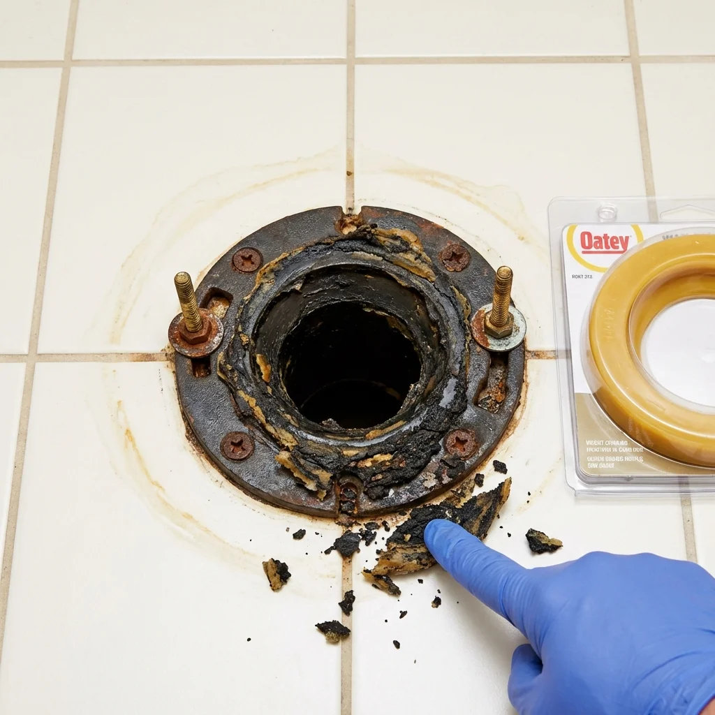 Failed wax ring showing water seepage at the base of a toilet in a Hempstead, TX home