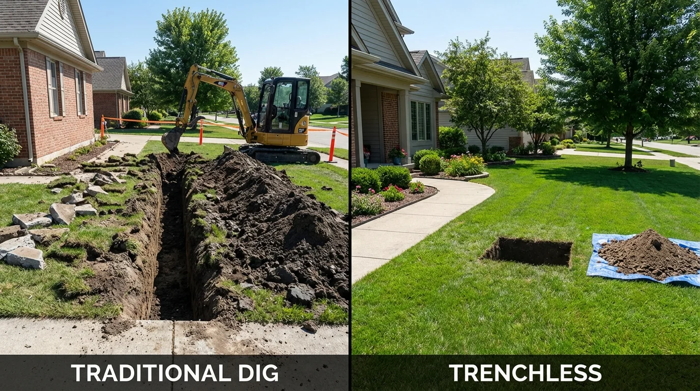 Trenchless sewer repair with minimal yard damage versus traditional excavation in Hempstead, TX