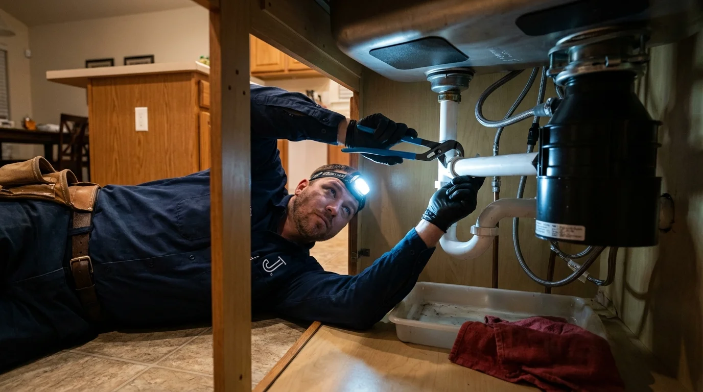 P-trap and supply line connections under a kitchen sink showing a common leak point in Hempstead, TX